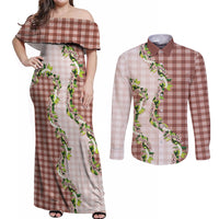 Mocha Hawaii Palaka Couples Matching Off Shoulder Maxi Dress and Long Sleeve Button Shirt Maile Pikake Honohono Orchid Lei
