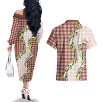 Mocha Hawaii Palaka Couples Matching Off The Shoulder Long Sleeve Dress and Hawaiian Shirt Maile Pikake Honohono Orchid Lei