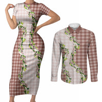 Mocha Hawaii Palaka Couples Matching Short Sleeve Bodycon Dress and Long Sleeve Button Shirt Maile Pikake Honohono Orchid Lei LT05 Mocha - Polynesian Pride