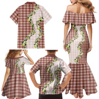 Mocha Hawaii Palaka Family Matching Mermaid Dress and Hawaiian Shirt Maile Pikake Honohono Orchid Lei