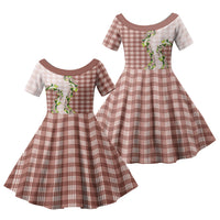 Mocha Hawaii Palaka Family Matching Off Shoulder Short Dress and Hawaiian Shirt Maile Pikake Honohono Orchid Lei LT05 Daughter's Dress Mocha - Polynesian Pride