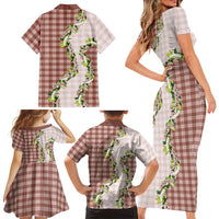 Mocha Hawaii Palaka Family Matching Short Sleeve Bodycon Dress and Hawaiian Shirt Maile Pikake Honohono Orchid Lei