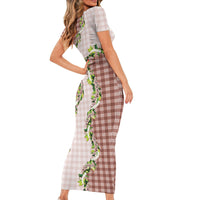 Mocha Hawaii Palaka Family Matching Short Sleeve Bodycon Dress and Hawaiian Shirt Maile Pikake Honohono Orchid Lei