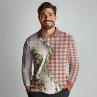 Mocha Hawaii Palaka Long Sleeve Polo Shirt Maile Pikake Honohono Orchid Lei