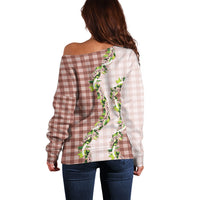 Mocha Hawaii Palaka Off Shoulder Sweater Maile Pikake Honohono Orchid Lei