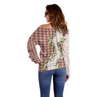 Mocha Hawaii Palaka Off Shoulder Sweater Maile Pikake Honohono Orchid Lei