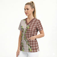 Mocha Hawaii Palaka Scrub Top Maile Pikake Honohono Orchid Lei
