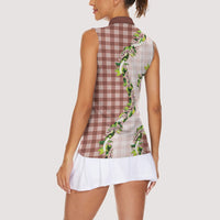 Mocha Hawaii Palaka Women Sleeveless Polo Shirt Maile Pikake Honohono Orchid Lei