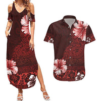 Hawaii Hibiscus With Oxblood Polynesian Pattern Couples Matching Summer Maxi Dress and Hawaiian Shirt