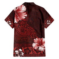 Hawaii Hibiscus With Oxblood Polynesian Pattern Family Matching Off The Shoulder Long Sleeve Dress and Hawaiian Shirt LT05 - Polynesian Pride