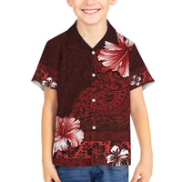 Hawaii Hibiscus With Oxblood Polynesian Pattern Family Matching Off The Shoulder Long Sleeve Dress and Hawaiian Shirt LT05 Son's Shirt Red - Polynesian Pride