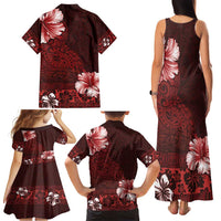 Hawaii Hibiscus With Oxblood Polynesian Pattern Family Matching Tank Maxi Dress and Hawaiian Shirt