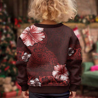 Hawaii Hibiscus With Oxblood Polynesian Pattern Kid Ugly Christmas Sweater