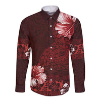 Hawaii Hibiscus With Oxblood Polynesian Pattern Long Sleeve Button Shirt LT05 Unisex Red - Polynesian Pride