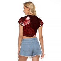 Hawaii Hibiscus With Oxblood Polynesian Pattern Raglan Cropped T Shirt