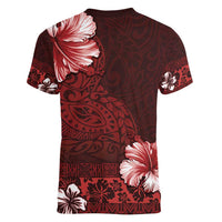Hawaii Hibiscus With Oxblood Polynesian Pattern Women V-Neck T-Shirt