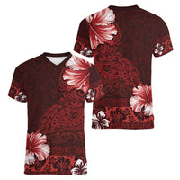 Hawaii Hibiscus With Oxblood Polynesian Pattern Women V-Neck T-Shirt