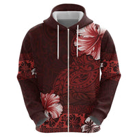 Hawaii Hibiscus With Oxblood Polynesian Pattern Zip Hoodie