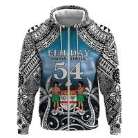 Personalised Happy 54th Fiji Day Hoodie Forever Fiji With Tapa Tribal Pattern LT05 Zip Hoodie Blue - Polynesian Pride