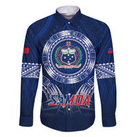 Custom Samoa Rugby Family Matching Mermaid Dress and Hawaiian Shirt World Cup 2023 Coat Of Arms With Polynesian Pattern LT05 Dad's Shirt - Long Sleeve Blue - Polynesian Pride