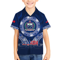 Custom Samoa Rugby Family Matching Puletasi Dress and Hawaiian Shirt World Cup 2023 Coat Of Arms With Polynesian Pattern LT05 Son's Shirt Blue - Polynesian Pride