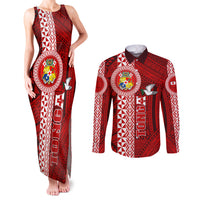 Tonga Rugby Couples Matching Tank Maxi Dress and Long Sleeve Button Shirts World Cup 2023 Coat Of Arms Ngatu Pattern LT05 Red - Polynesian Pride