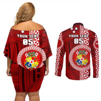 Custom Tonga Rugby Couples Matching Off Shoulder Short Dress and Long Sleeve Button Shirts World Cup 2023 Coat Of Arms Ngatu Pattern LT05 - Polynesian Pride