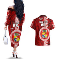 Custom Tonga Rugby Couples Matching Off The Shoulder Long Sleeve Dress and Hawaiian Shirt World Cup 2023 Coat Of Arms Ngatu Pattern LT05 - Polynesian Pride