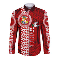 Custom Tonga Rugby Long Sleeve Button Shirt World Cup 2023 Coat Of Arms Ngatu Pattern LT05 Unisex Red - Polynesian Pride