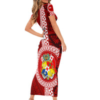 Custom Tonga Rugby Short Sleeve Bodycon Dress World Cup 2023 Coat Of Arms Ngatu Pattern LT05 - Polynesian Pride
