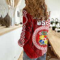 Custom Tonga Rugby Women Casual Shirt World Cup 2023 Coat Of Arms Ngatu Pattern LT05 - Polynesian Pride