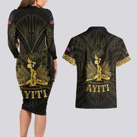Haiti 1804 Couples Matching Long Sleeve Bodycon Dress and Hawaiian Shirt Polynesian Gold Neg Maron