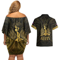 Haiti 1804 Couples Matching Off Shoulder Short Dress and Hawaiian Shirt Polynesian Gold Neg Maron