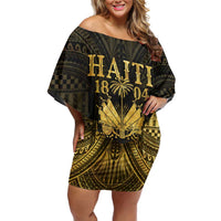 Haiti 1804 Family Matching Off Shoulder Short Dress and Hawaiian Shirt Polynesian Gold Neg Maron
