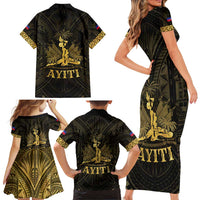 Haiti 1804 Family Matching Short Sleeve Bodycon Dress and Hawaiian Shirt Polynesian Gold Neg Maron