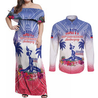 Personalised Haiti Independence Day Couples Matching Off Shoulder Maxi Dress and Long Sleeve Button Shirt Neg Maron Polynesian Style LT05