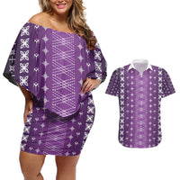 Purple Samoa Malu Tattoo Inspired Couples Matching Off Shoulder Short Dress and Hawaiian Shirt - Polynesian Pride