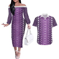 Purple Samoa Malu Tattoo Inspired Couples Matching Off The Shoulder Long Sleeve Dress and Hawaiian Shirt - Polynesian Pride