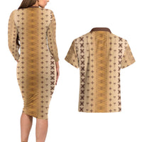 Beige Samoa Malu Tattoo Inspired Couples Matching Long Sleeve Bodycon Dress and Hawaiian Shirt LT05 - Polynesian Pride