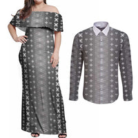 Black Samoa Malu Tattoo Inspired Couples Matching Off Shoulder Maxi Dress and Long Sleeve Button Shirt LT05 Black - Polynesian Pride
