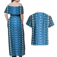 Blue Samoa Malu Tattoo Inspired Couples Matching Off Shoulder Maxi Dress and Hawaiian Shirt LT05 - Polynesian Pride