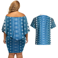 Blue Samoa Malu Tattoo Inspired Couples Matching Off Shoulder Short Dress and Hawaiian Shirt LT05 - Polynesian Pride