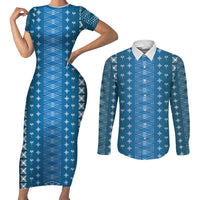 Blue Samoa Malu Tattoo Inspired Couples Matching Short Sleeve Bodycon Dress and Long Sleeve Button Shirt LT05 Blue - Polynesian Pride