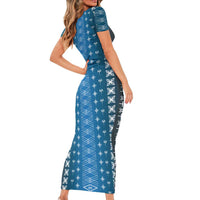Blue Samoa Malu Tattoo Inspired Family Matching Short Sleeve Bodycon Dress and Hawaiian Shirt LT05 - Polynesian Pride