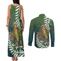 New Zealand Kea Bird Couples Matching Tank Maxi Dress and Long Sleeve Button Shirt With Maori Koru Fern - Polynesian Pride
