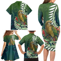 New Zealand Kea Bird Family Matching Long Sleeve Bodycon Dress and Hawaiian Shirt With Maori Koru Fern - Polynesian Pride