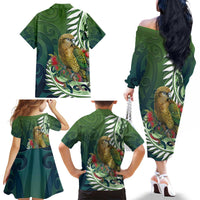 New Zealand Kea Bird Family Matching Off The Shoulder Long Sleeve Dress and Hawaiian Shirt With Maori Koru Fern - Polynesian Pride