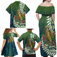 New Zealand Kea Bird Family Matching Off Shoulder Maxi Dress and Hawaiian Shirt With Maori Koru Fern - Polynesian Pride