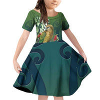 New Zealand Kea Bird Family Matching Off Shoulder Short Dress and Hawaiian Shirt With Maori Koru Fern - Polynesian Pride