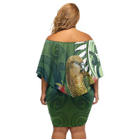 New Zealand Kea Bird Family Matching Off Shoulder Short Dress and Hawaiian Shirt With Maori Koru Fern - Polynesian Pride